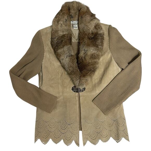 Peter Nygard Womens Sz PS Tan Suede Jacket Lapel Leather Removable Rabbit Fur - Picture 1 of 16
